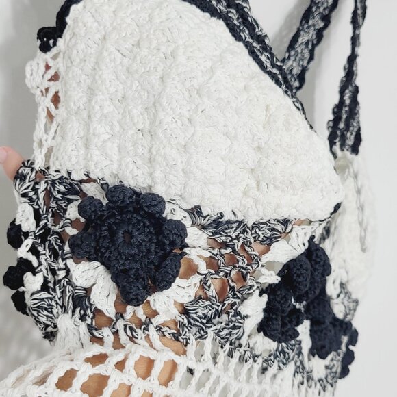 Crocheted Women Black & Off White Padded Chest Sleeveless Strappy Cover Up Dress - Picture 6 of 10